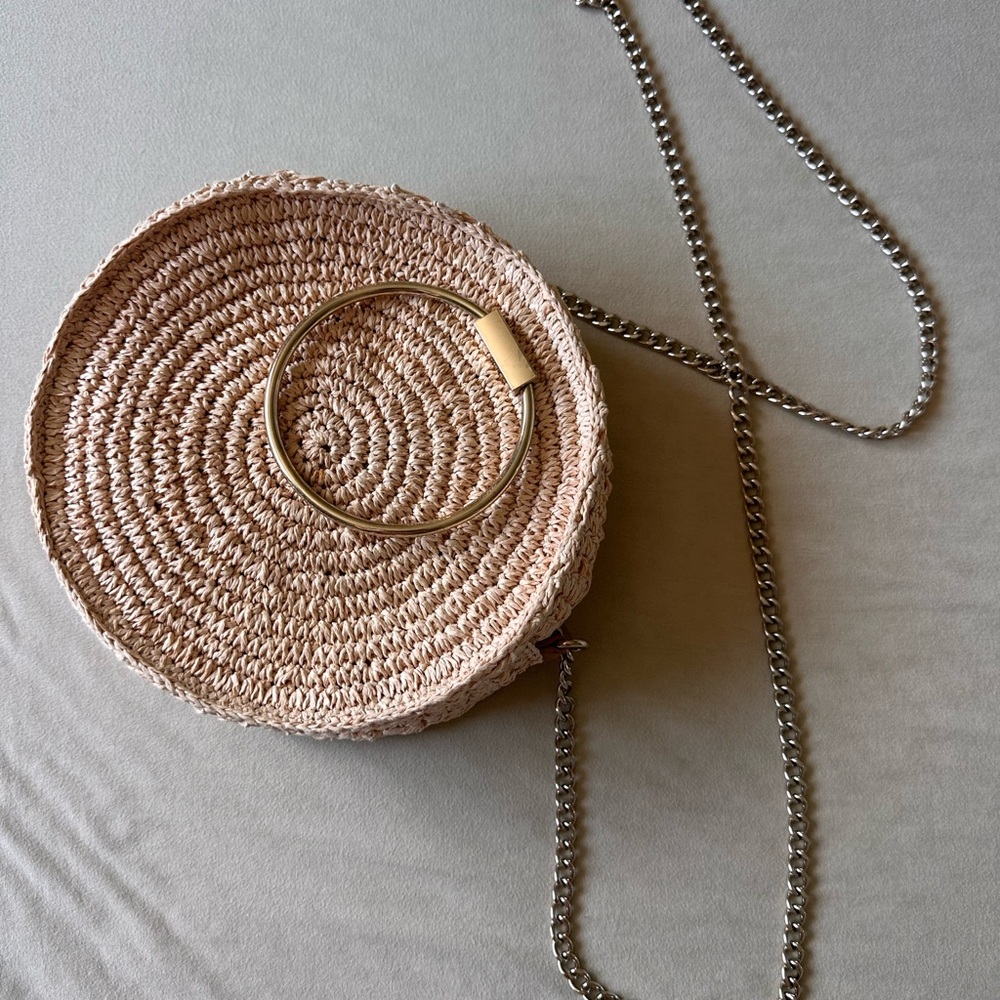 Round Woven Tan Bag with Chain Strap